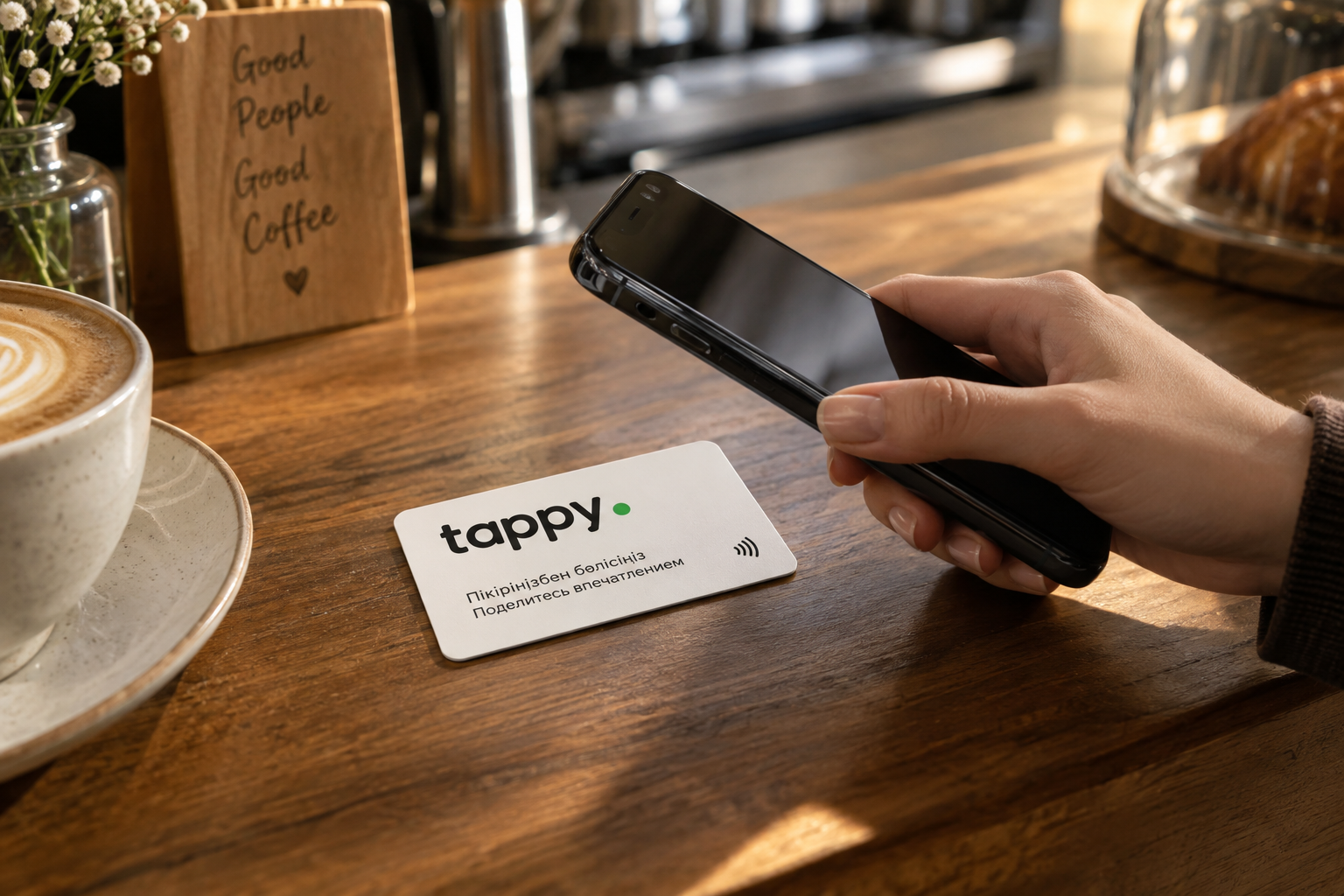 Концепт: гость подносит телефон к белой карточке Tappy на стойке кафе